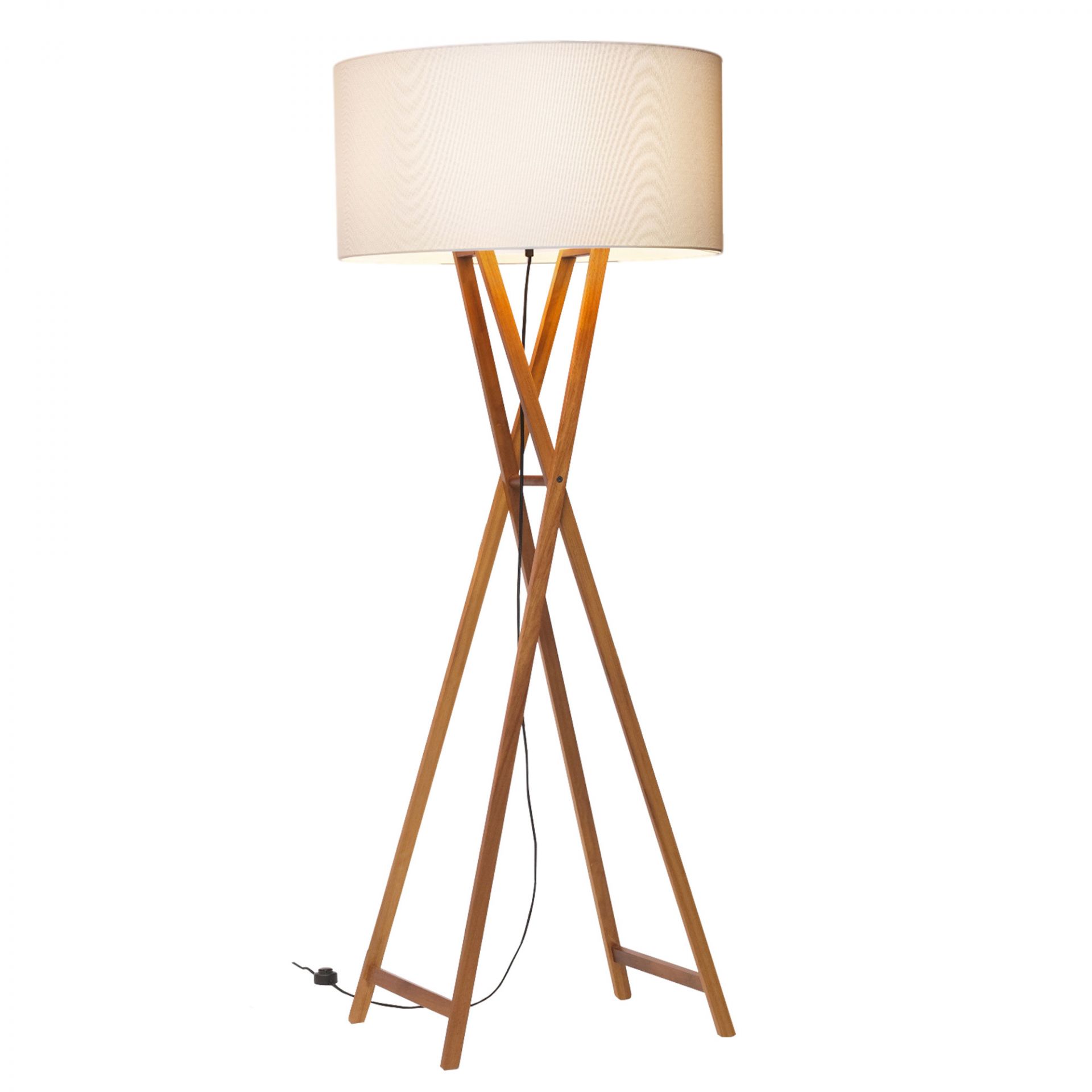 Cala Stehleuchte von Marset: Moderne LED Lampe mit Holzgestell und Stoffschirm.